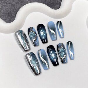 Blue Chrome Press On Nails Long Coffin Glue On Nail Kit False Set Fake Nails